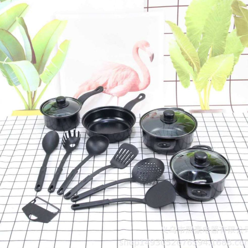 TEMU 13pcs Cookware Set With Glass Lids & Silicone Utensils - Heavy-duty Cast Iron Construction, Lightweight & Portable For Camping, Picnic, Home