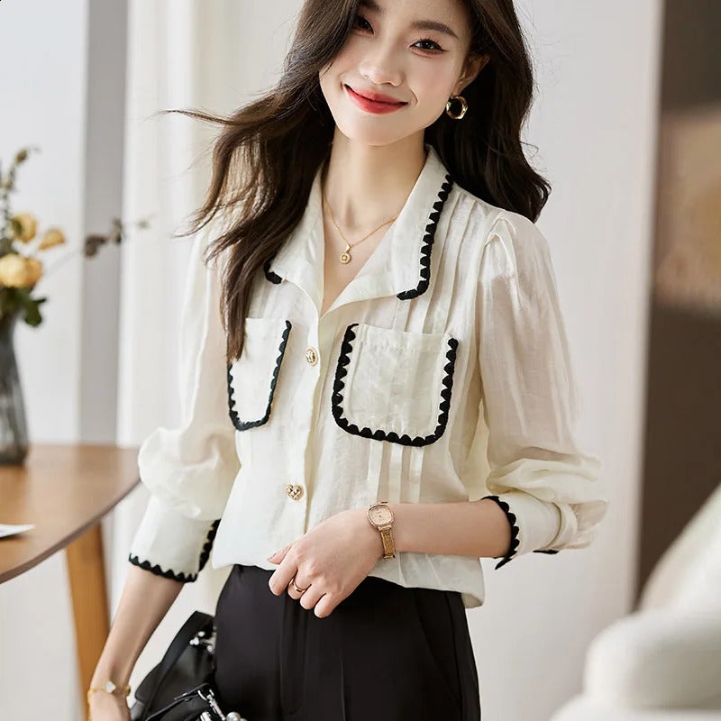 Women Clothing Fashion Turn-down Collar Long Sleeve Blouse Autumn Loose Office Lady Chiffon Shirts Casual Solid Button Tops 240816