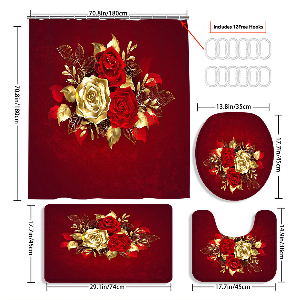 TEMU 4pcs Golden Rose Curtain Shower Curtain Decoration, Beautiful Housewarming Gift, Decoration, Waterproof Shower Curtain And Toilet Floor Mat 3