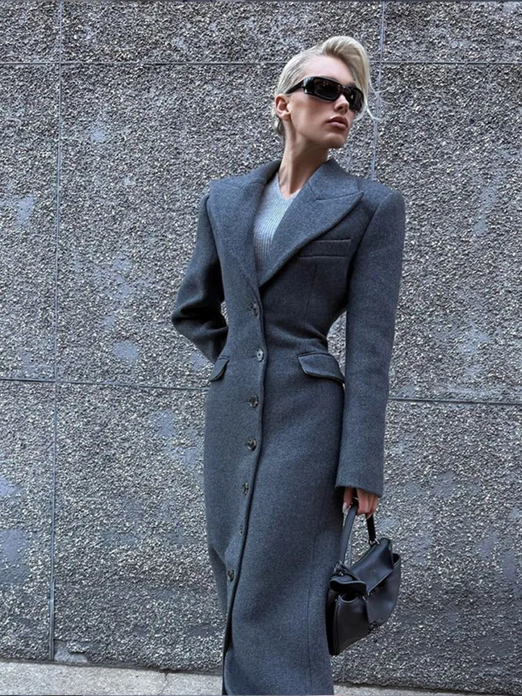 Chic Grey Single Breasted Full Sleeve Wool Jackets Womens Casual Slim Fit Lapel Pockets Coat Female High Street Outerwears 241214
