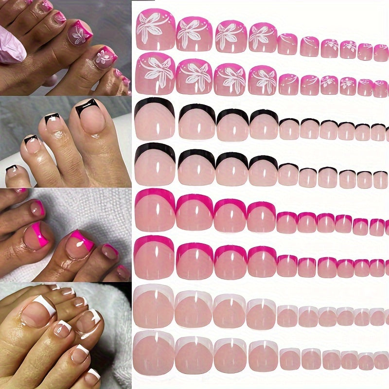 TEMU 96pcs Pink Tones Short Square Press-on Toenails - Glossy Flower Patterned Fake Toe Nails With Reusable Storage Box For Women And Girls, French