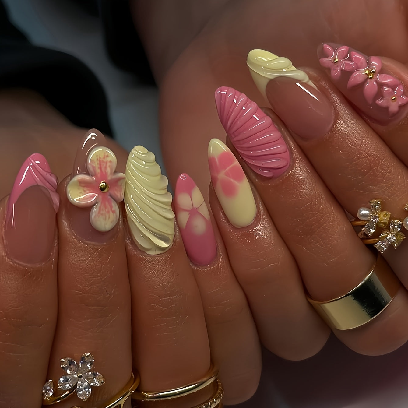 TEMU 24pcs Summer French 3d Floral Press On Nails - Almond Shape Medium Length Glossy Acrylic Fake Nails With Pastel White Flowers & Golden Glitter