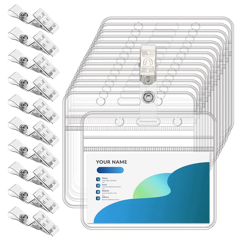 TEMU 10 Sets Badge Holders And Metal Clips Clear Horizontal Name Tag Id Card Holder With Clip Waterproof Id Badge Holder With Metal Clips