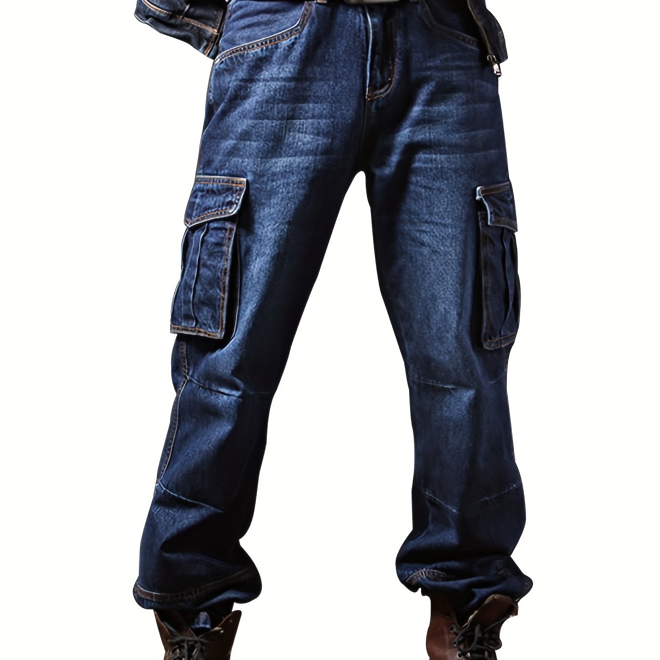 TEMU Men Outdoor Casual Motorcycle Workwear Multi Pockets Denim Biker Cargo Jeans Pants