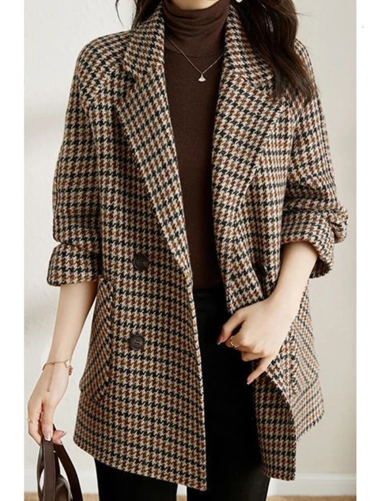 Womens Suits Blazers Vintage Houndstooth Women Woolen Blazer Double Breasted Plaid Female Suit Jacket Fashion Korean Outerwear Loose Blaser Coat 231