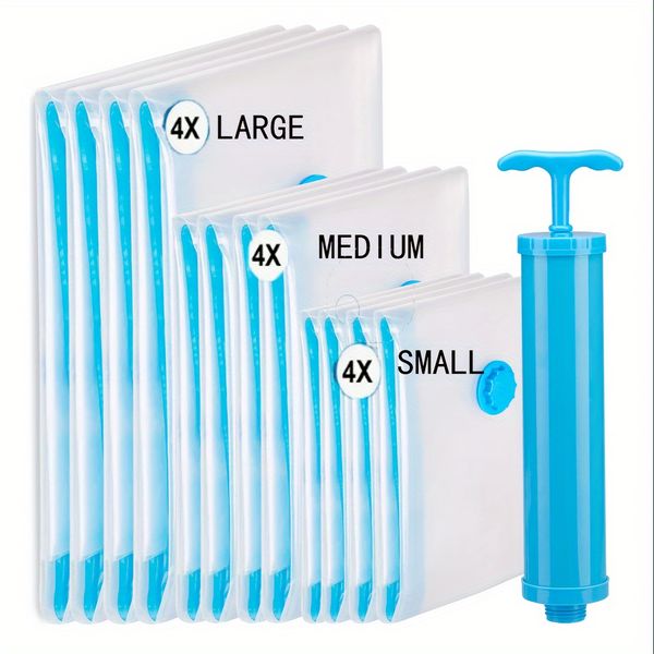 12-Pack Space Saver Bags Set with Hand Pump Polyester Vacuum Storage Compression Bags Rectangle Seal Bags Multipurpose Use Zipper Closure No