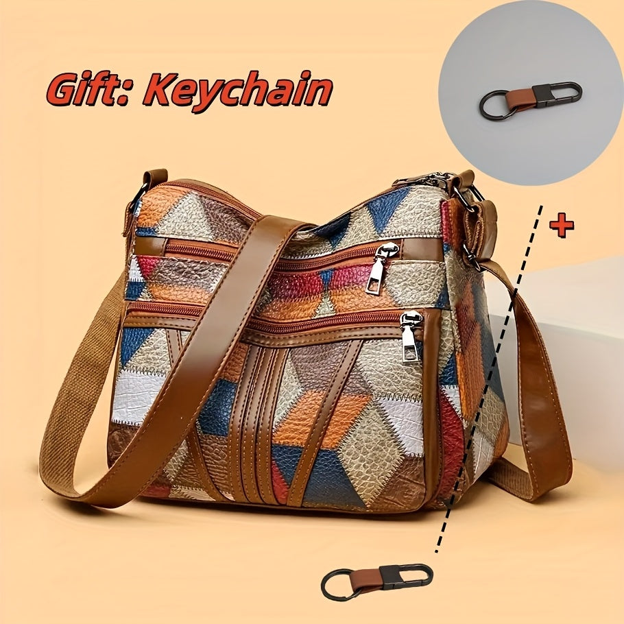TEMU 2pcs Set: Geometric Splicing Bag+premium Keychain, Women's Crossbody Bag, Large Capacity , Ethnic Style Shoulder Strap , Handbag, Retro Style