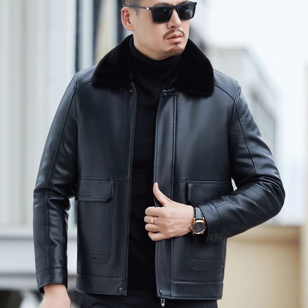 YXL-6621 Winter Thickened Mens Jacket Sheepskin Coat Business Casual Polo Collar Natural Leather Coat Leather Fur One Piece 240809