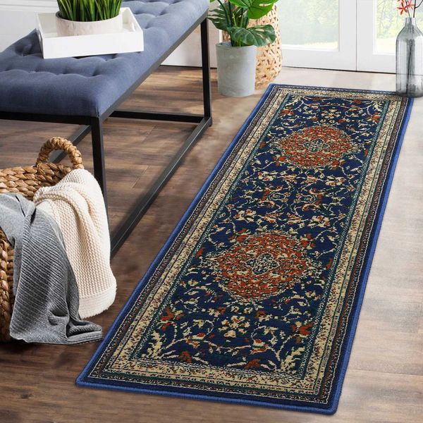 Monaco Collection Runner Rapet Carpet Navy E Orange Boho Chic Medallion Design angustiado Design não-Shedding fácil Caret250121
