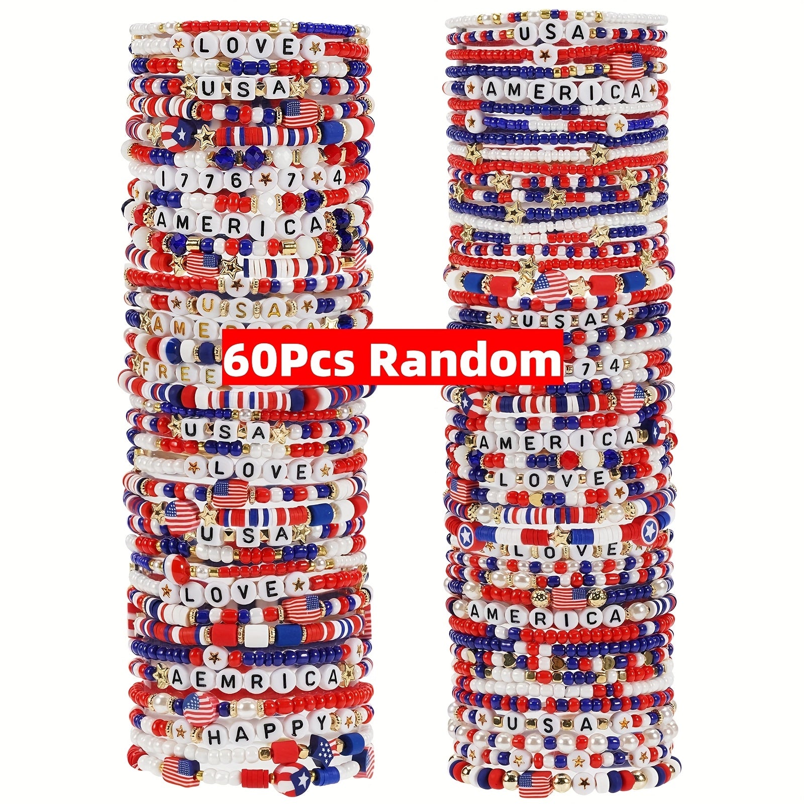 TEMU 24-35-36-60pcs Exquisite American Flag Beaded Bracelet, Beads Design Bracelet With Pendant, Vintage Bohemian Style Patriotic Bracelet For Men