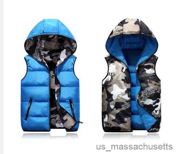 Down Coat Children Camouflage Waistcoat Teenager Autumn Winter Down Cotton Coats Boys Girls Vest Kids Hooded Jacket Child Outerwear 10y R230