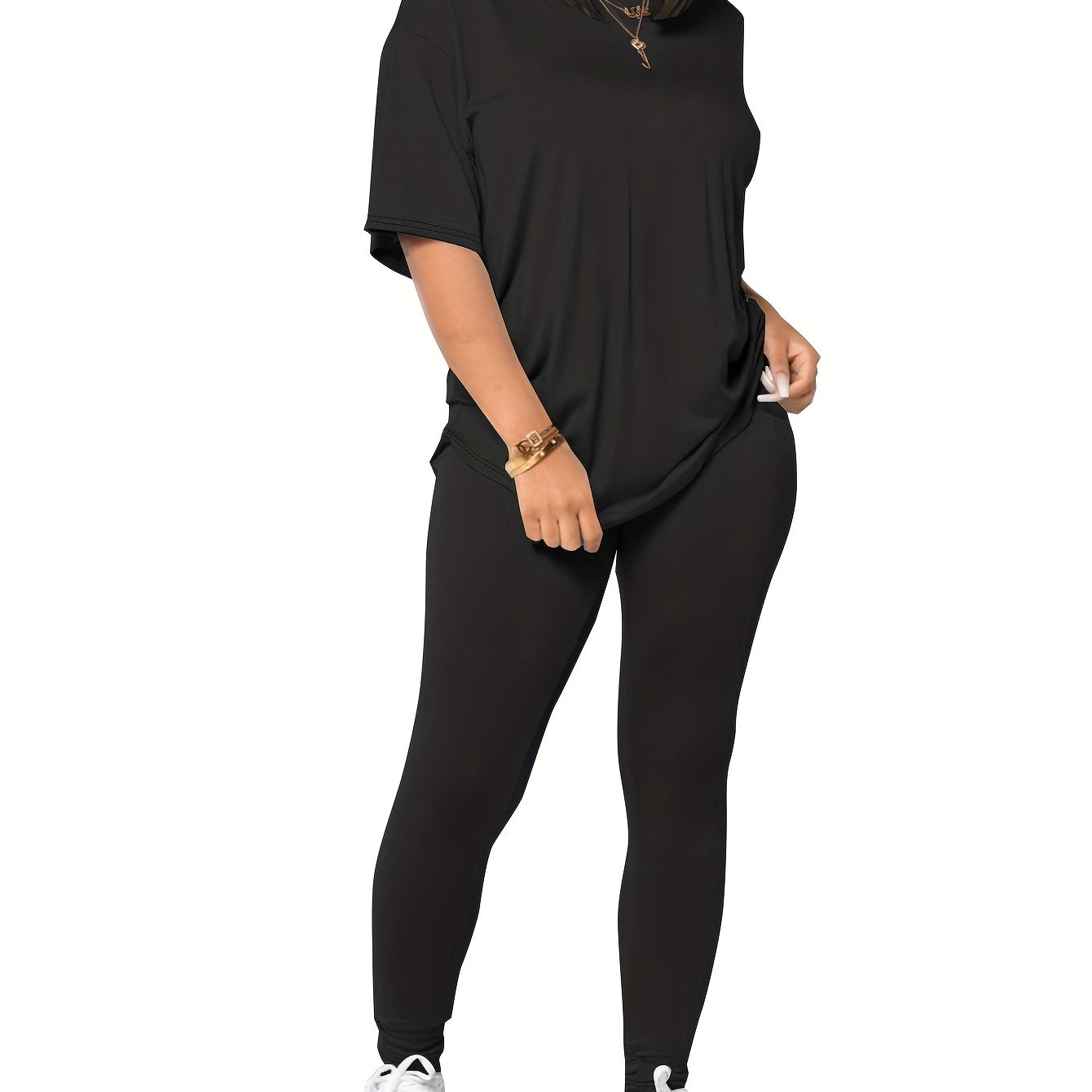 TEMU Solid Casual Two-piece Set, Crew Neck Short Sleeve T-shirt & Pants Outfits, Women's Clothing