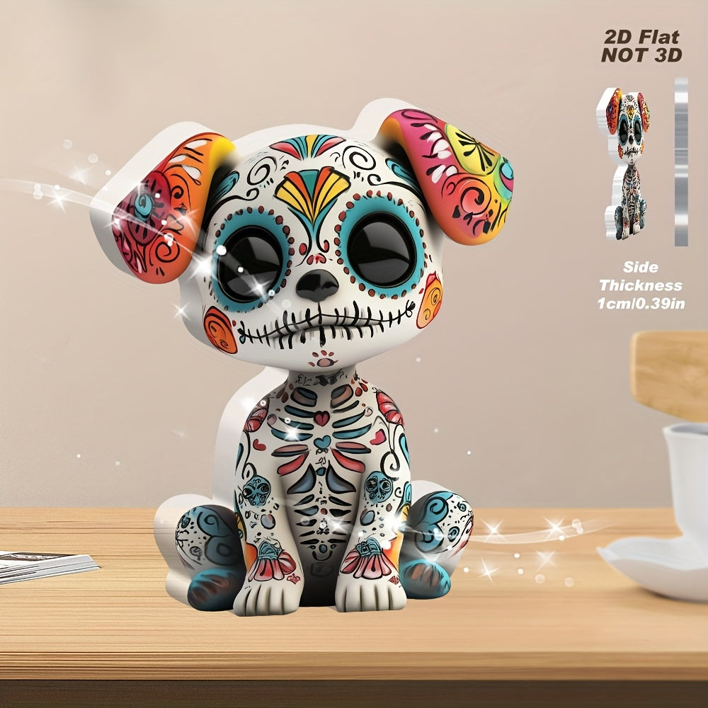 TEMU 2d Flat, 1pc Sugar Dog Acrylic Desktop Decor - Colorful Calavera Style Halloween & Ornament, Cute Skeleton Puppy With Floral Patterns, 4.7"x5.9"