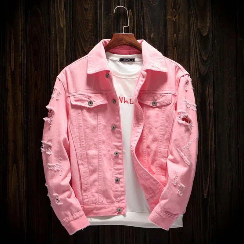 Men Pink Denim jackets Outerwear Jean Coats Spring Autumn Men Holes Jena Jackets Men Slim Denim Jackets Size 4XL 250827