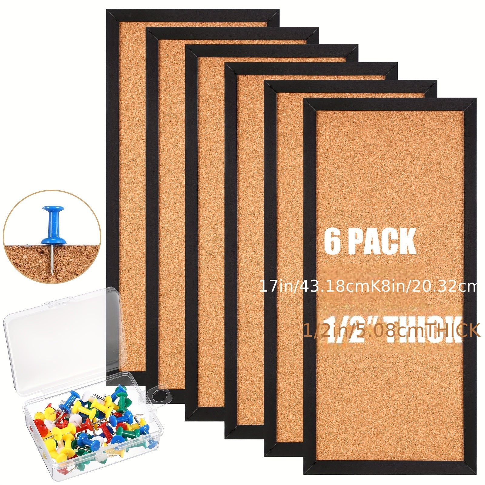 TEMU 6pcs Cork Boards For Walls Cork Board Tiles 1-2'' Thick Cork Bulletin Board Rectangle Self Adhesive Framed Cork Board Wall Decor With 16 Push