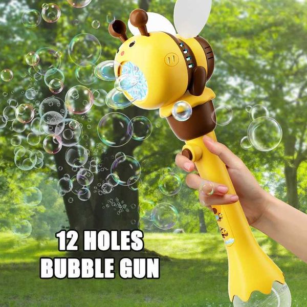 Sand Play Water Fun 12 Hole Bee Electric Bubble Gun Children Toy Bubbles Machine Kids Gift Outdoor Games Automatic Maker Cartoon Soap Blower