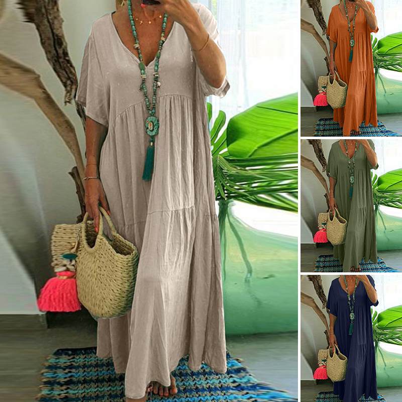 B619European and American new V-neck irregular multi-color multi-size long swing dress