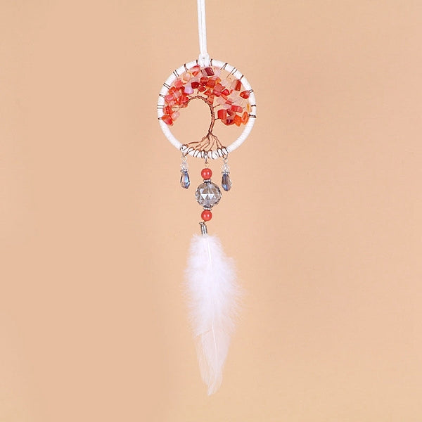 Natural Red Agate Chips Flat Round with Tree of Life Pendant Decorations