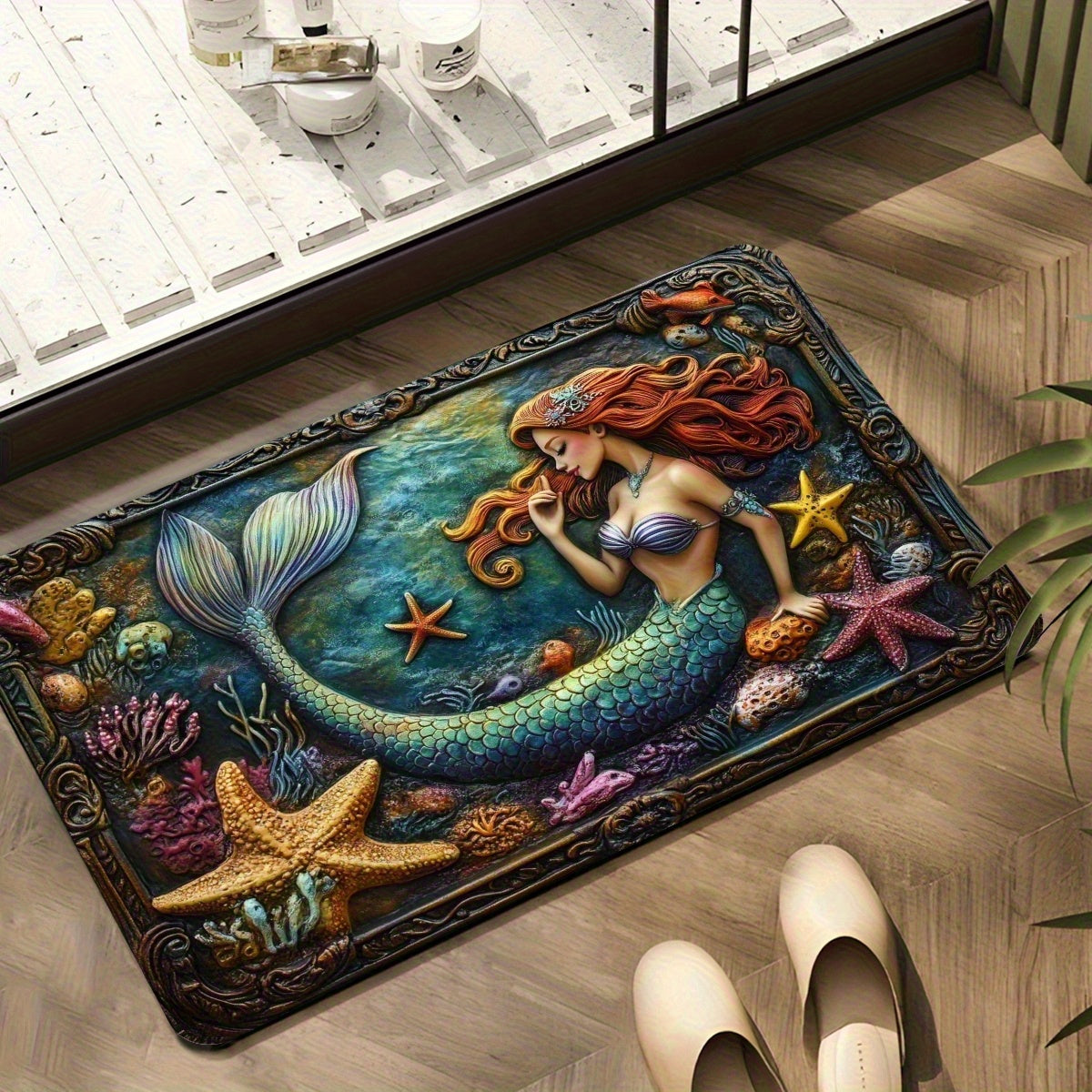 TEMU 1pc Elegant Mermaid Bath Mat - Super Absorbent Non-slip Quick-dry Bath Mat With Mermaid & Sea (starfish, Shells), Blue Theme, Soft Non-woven