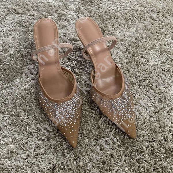 New Designer Shoes Summer Women&#039;s Sandals Rhinestone Bright Mesh High Heels Footwear Elegant Slingback Pointed Slip On Party Lady Pumps