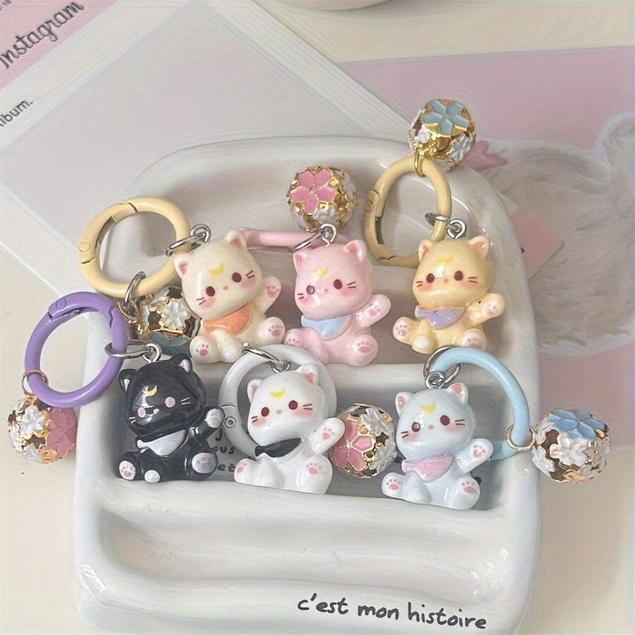 TEMU 6pcs 3d Cat Cartoon Bell Keychains For S Schoolbag Pendants, Cute Student Bag Accessories, Girlfriend Birthday Gift Set