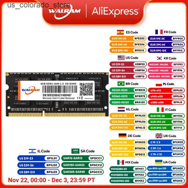 RAMs WALRAM memoria ram DDR3 DDR4 8GB 4GB 16GB laptop Ram 1333 1600 2400 2666 2133 DDR3L 204pin Sodimm Notebook memoria ram ddr4 L240910