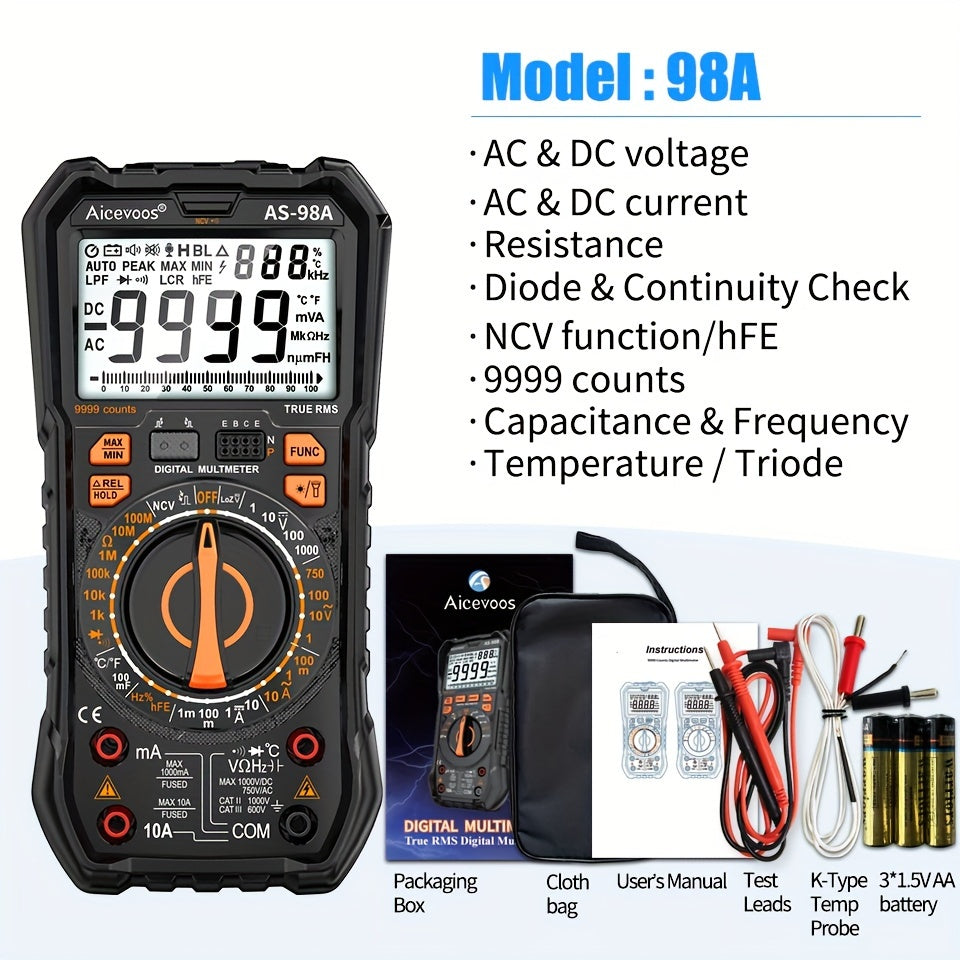 TEMU Aicevoos Digital Professional Multimeter 9999 True Rms Voltage Tester Ohm Meter Capacitor Electrical Professional Multimetro Transistor Ncv