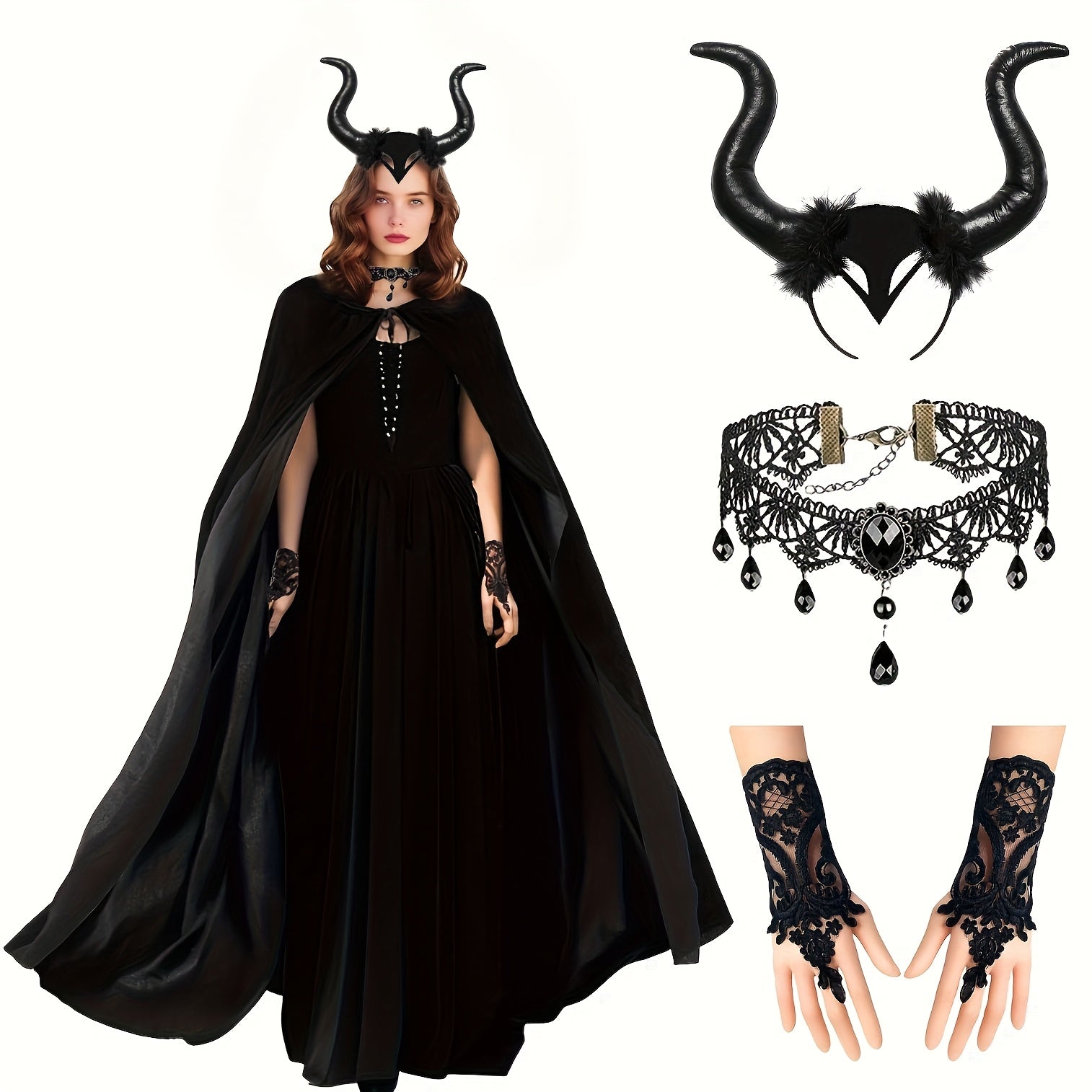 TEMU 4 Halloween , Black Cloak Cosplay Cloak, Halloween Devil Corner Headband Gothic Style Accessories And Lace Fingerless Gloves, Devil Queen Dress