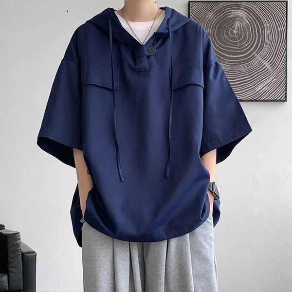 5 Colors Summer Hooded T shirt Men Korean Half Sleeve Pullover Streetwear Loose T-shirt Tops Drawstring Men Clothing 5XL-M6W0l#