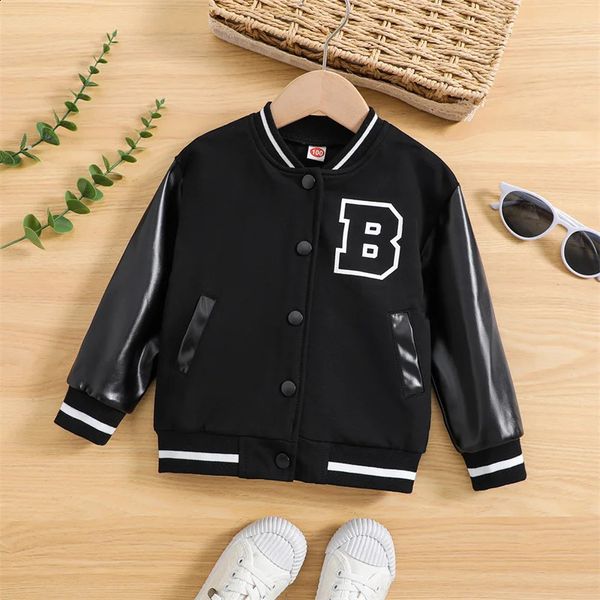 Childrens Fashion Jacket Kids Spring Autumn Baseball Coats Boy Button V-neck Leather Windbreaker Baby 2-6Y Letter Overcoat 250113