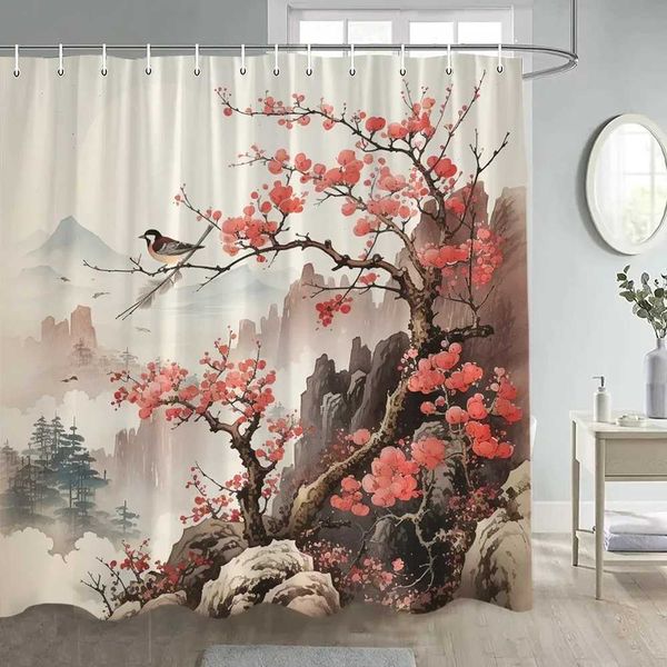 Japanese Style Flowers Bird Shower Curtain Abstract Mountain Red Floral Plant Ink Art Landscape Fabric Decor Bathroom Curtains M240824