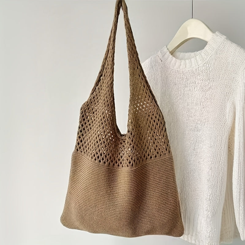 TEMU 1pc Women's Lightweight Vintage Tote Bag - Beige-handbag, Spacious Open Top Shoulder Bag For Women, Everyday, Beach, Travel, Shopping - Durable