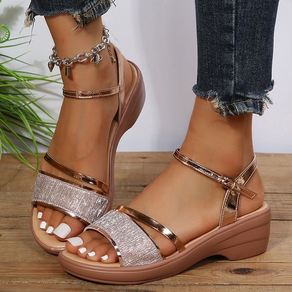 Gold Lucyeve Sier Thick Heel Women Summer Ankle Strap Wedge Sandals Woman Open Toe Platform Shoes Female Plus Size 43 e990