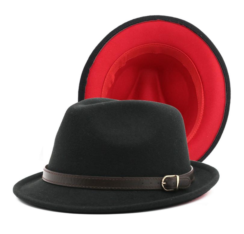 2022 New Short Brim Black Red Patchwork Jazz Fedora Hat with Belt Buckle Women Men Wool Felt Panama Homburg Hat for Party Wedding2991777