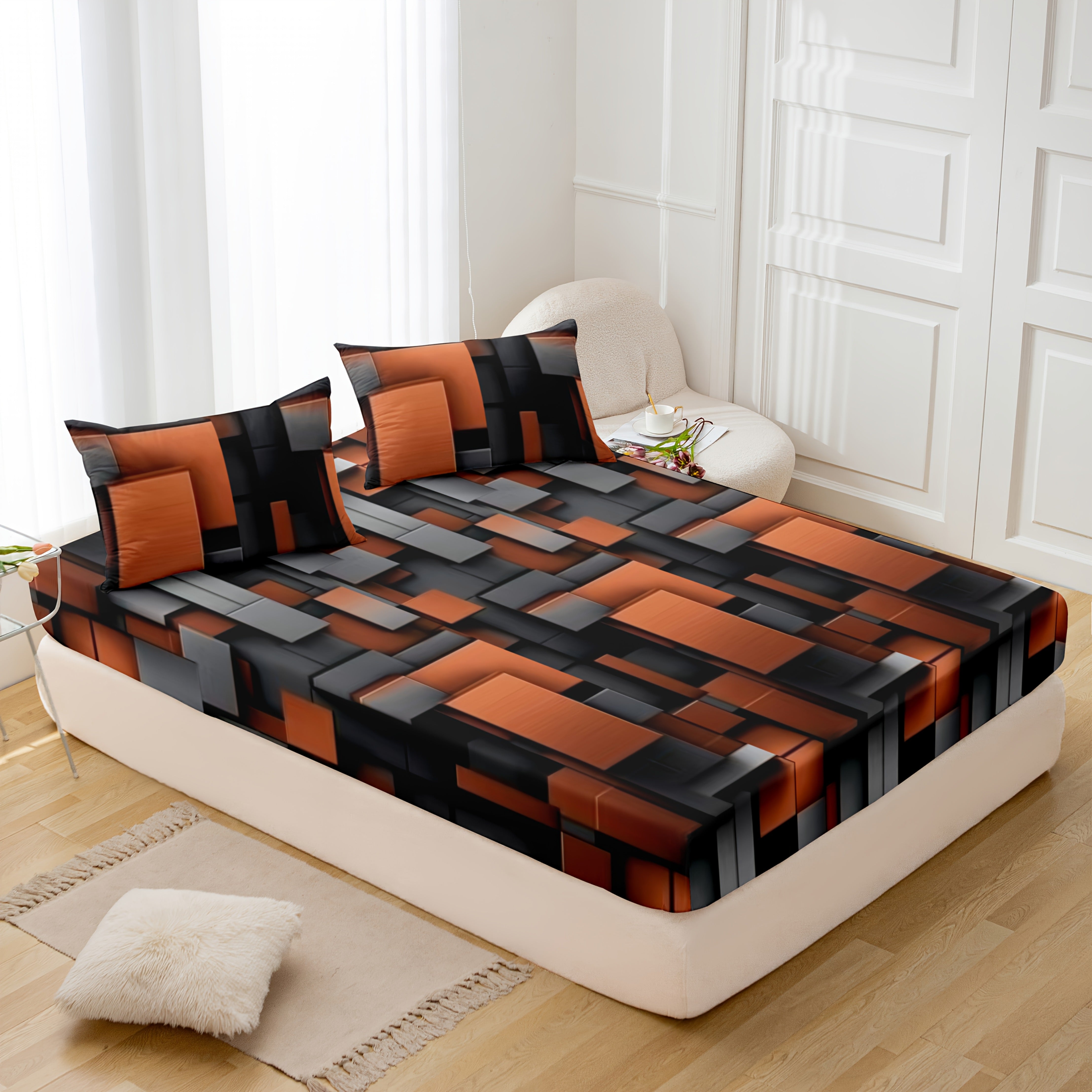 TEMU 3pcs Geometric Print 80g-m² Polyester Bedding Set - Soft, Comfortable, And Skin-friendly With Zipper Closure (1 Fitted Sheet + 2 Pillowcases) -