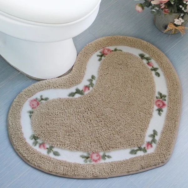 Heart Shape Nonslip Bath Mat Embroidered Toilet Rug Kit Water Absorption Door Mat for Bathroom Toilet Bedroom 2 Sizes Floor Mat 241112