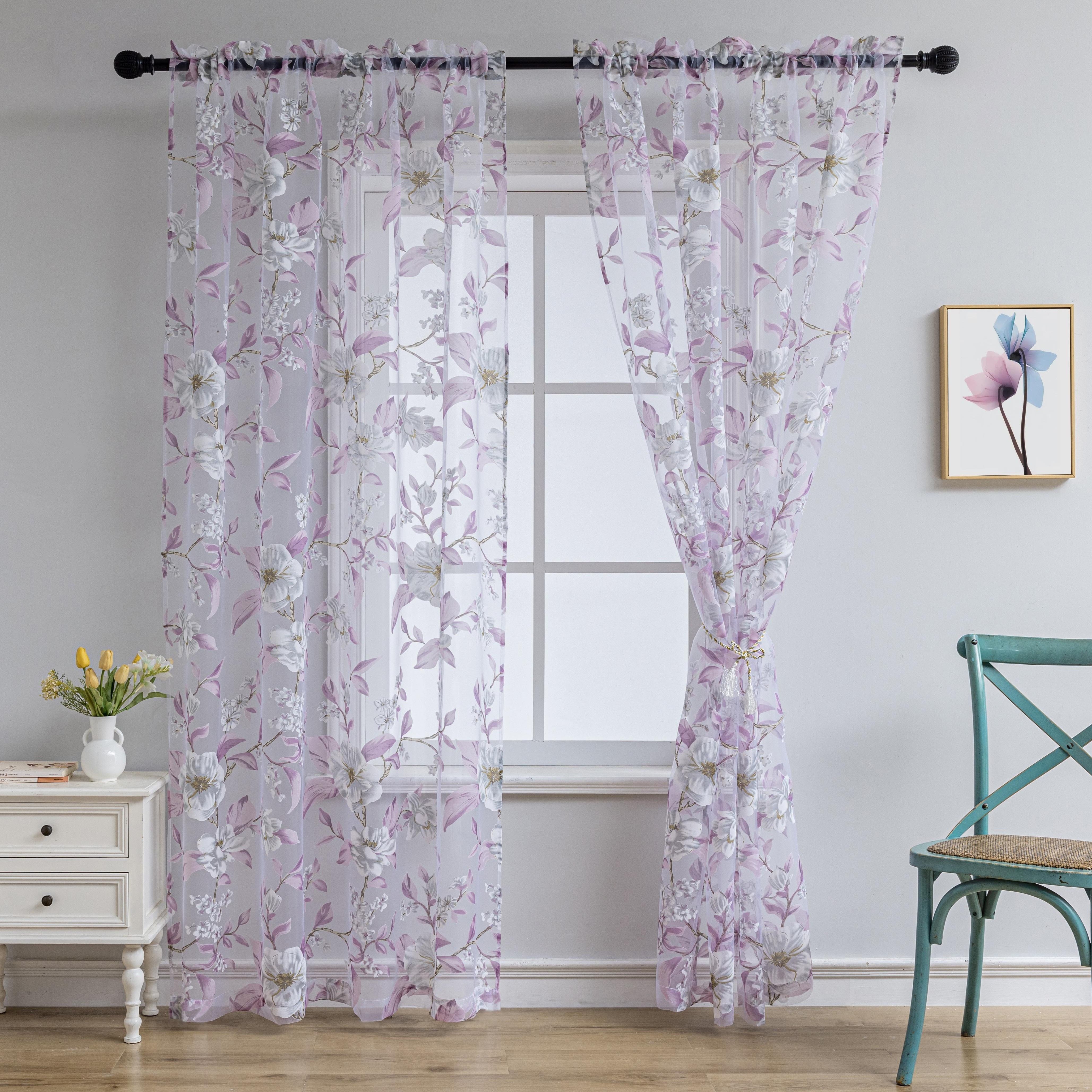 TEMU 1 Panel Light Filtering Sheer Curtains With & Privacy - White Lavender Floral Panel, Grommet Top Window Drapes For Bedroom & Living Room,
