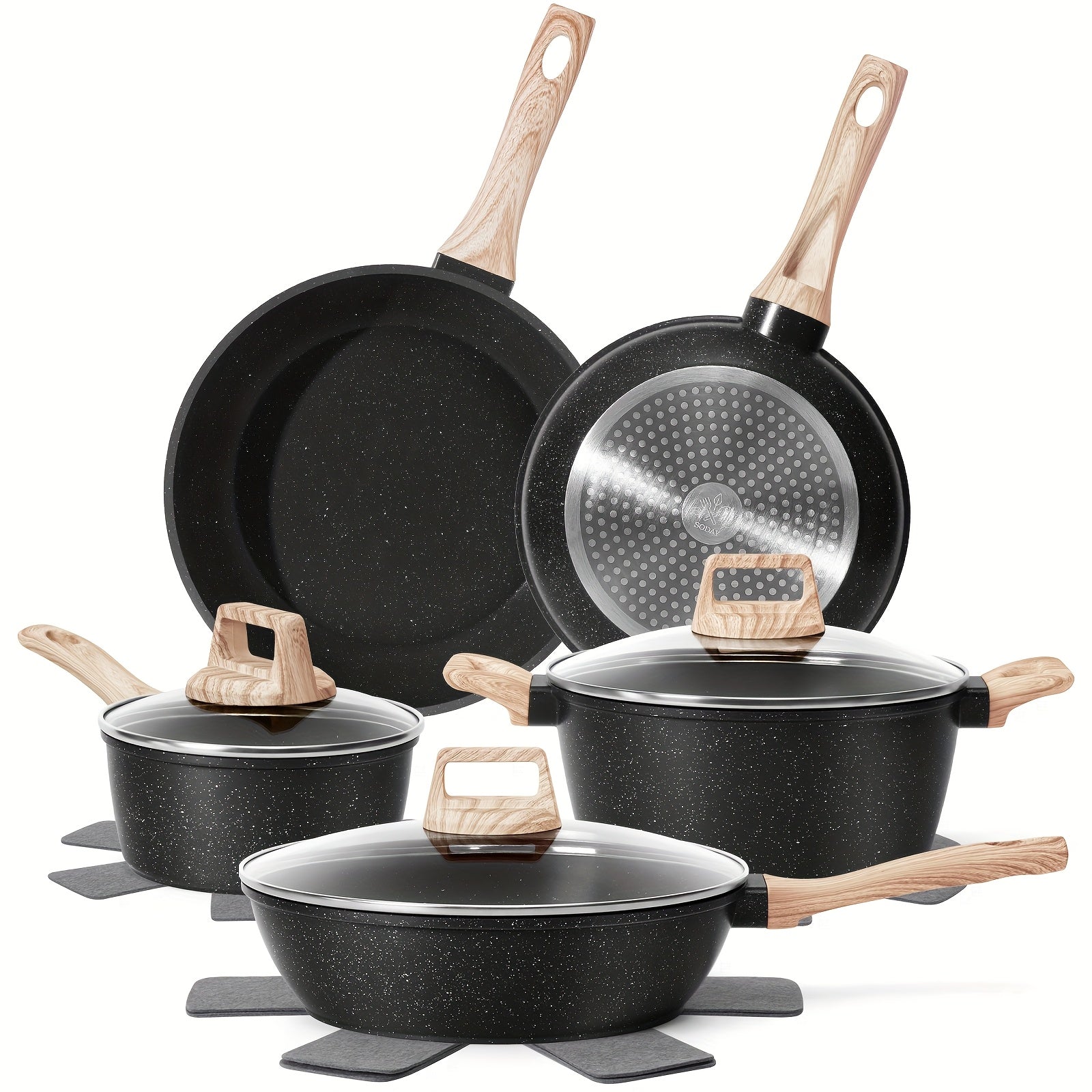TEMU 12 Pots And Pans Set Cookware Set, Cookware Granite Cooking Set, Including Frying Pan, Pan, Steamer, Silicone Spatula And Tongs (black)