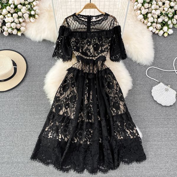 High-grade light luxury dress temperament hollow-out hook flower waist show thin round neck a line lace elegant large swing skirt