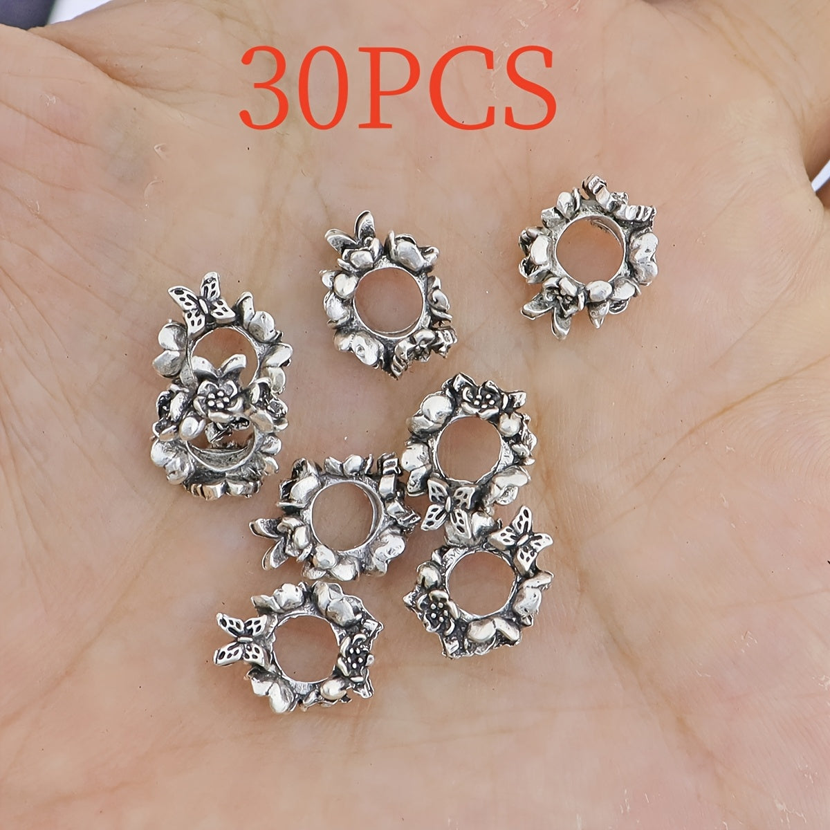 TEMU 30pcs Vintage Floral Spacer Beads, Large Hole Alloy Charms With Intricate Designs For Making, Bracelets, Necklaces, And Fashionable Accessories,