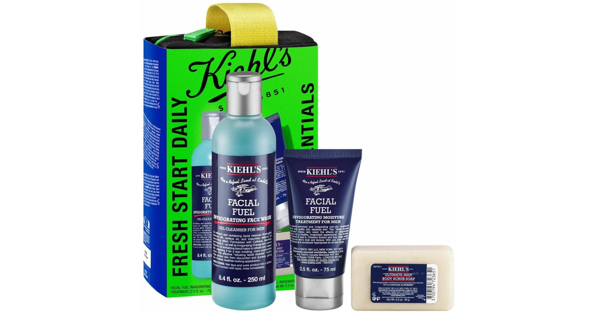 Kiehl's Facial Fuel Gift Set for Men - 250ml Facial Cleansing Gel for Men + 75ml Vitamin C Hydrating Day Cream + 90g Gentle Exfoliating Body Soap