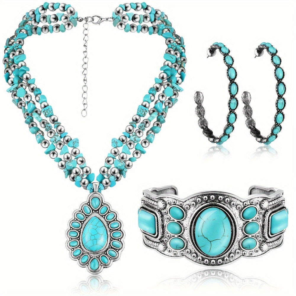 TEMU 3pcs Women's Bohemian Jewelry Set - Long Necklace, Layered Bracelet, Drop Earrings With Turquoise Gemstones, Vintage Style, Perfect For Daily