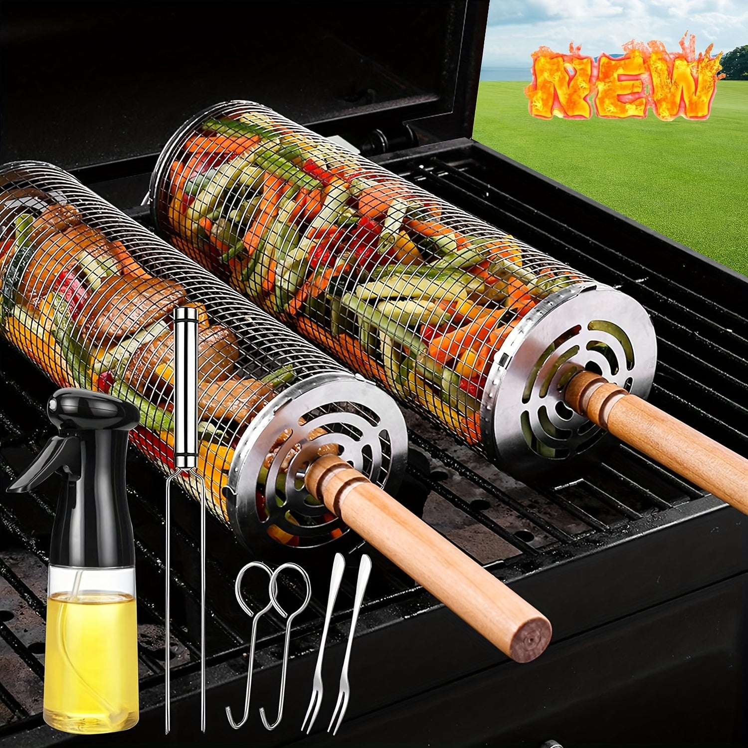 TEMU 1 Set 10 In 1, Stainless Steel Bbq Cage, Grill Cage, Outdoor Grilling, Camping, Grill Accessories Tool Gifts For Men Dad Boyfriend, Fathers Day,