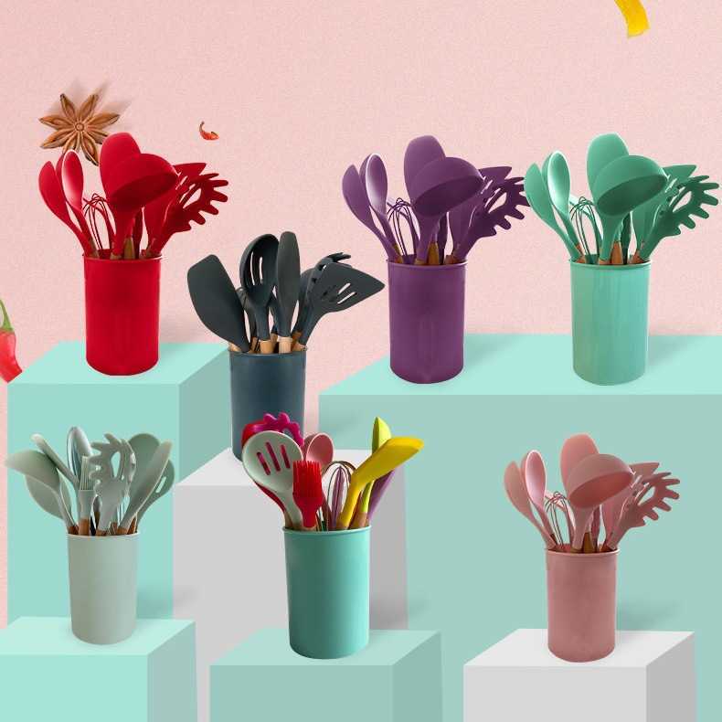 12-Piece Silicone Kitchen Utensil Set with Wooden Handles - Non-Stick, Heat-Resistant, Cooking Baking Tools for Pots and Pans dh911125171