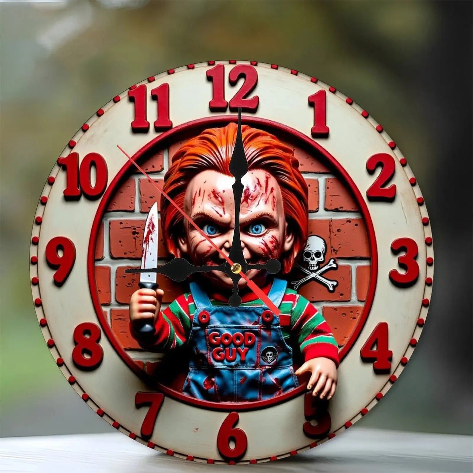 TEMU Unique Round Wooden Wall Clock - 25cm X 25cm, Modern Artwork With Horror Movie Character Design, Theme, Perfect For Home And Office Decor,