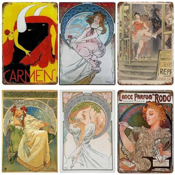 Alphonse Mucha Poster Pin Up Girls Metal Tin Signs Art Painting Decorative Wall Plates For Bar Cafe Living Room Home Wall DecorXJ241120