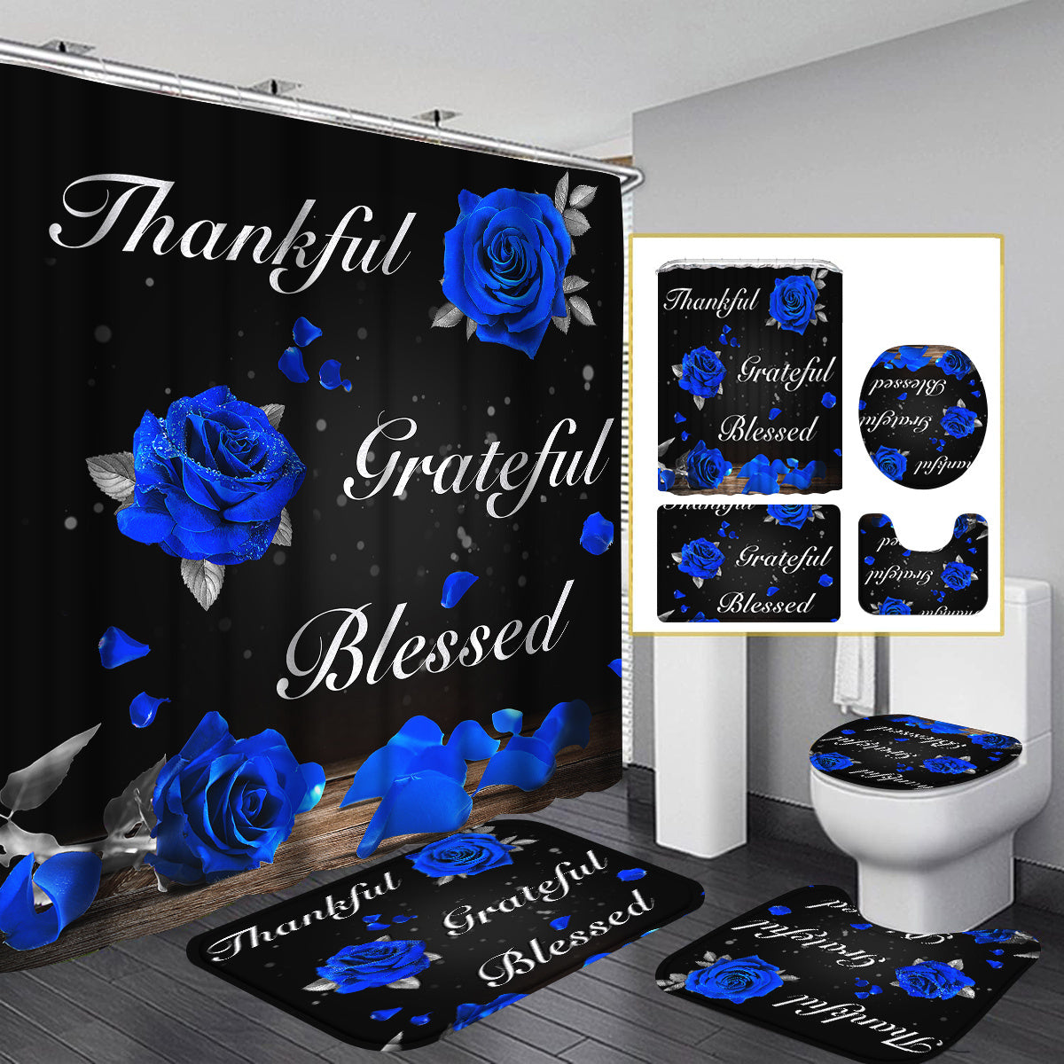 TEMU 4pcs-1pc Valentines Day Royal Blue Curtain Set, Thankful Grateful Blessed Bathroom Sets With Shower Curtain And Rugs And Accessories, Elegant
