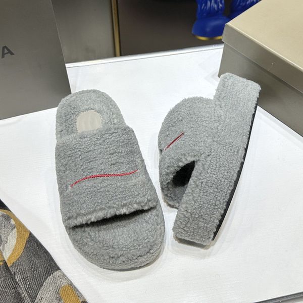 2025 Furry Slippers Luxury Men Women Designer Sandals Slider Lady Fashion Wool Fur Fluffy Letters Flat Slides Black White Pink Grey Beige Wa