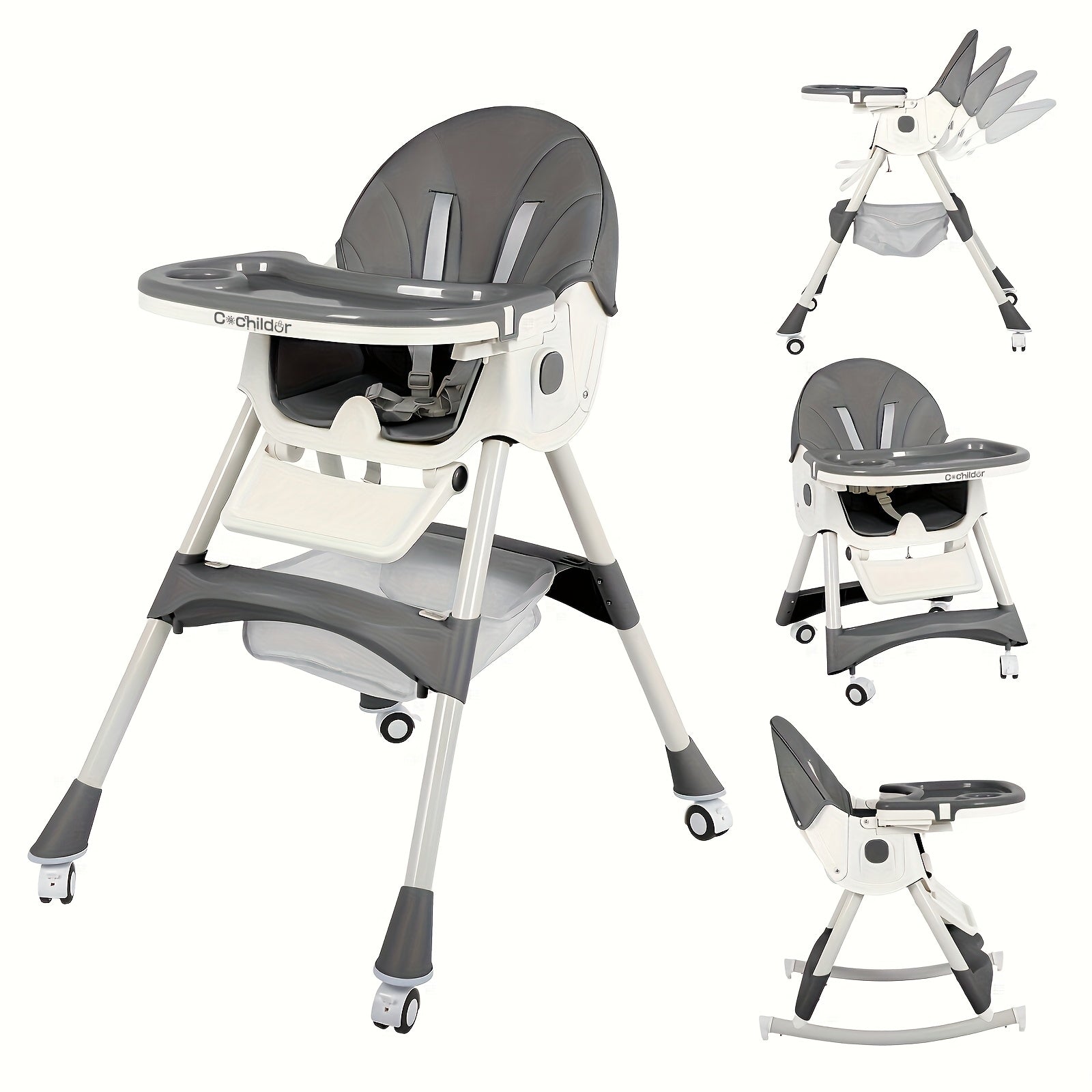 TEMU Foldable Baby High Chair With Adjustable Height, 4-position Trays & Adjustable Foot Rest - Detachable Pu Cushion, 5-point Harness, High Chairs