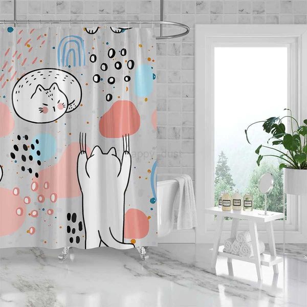 180x180cm bathroom waterproof polyester shower curtain mold resistant perforated with hooks light gray pink cartoon kittenCL240709